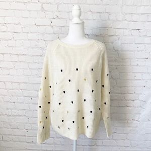 Cream Colored Ribbed Sweater w/ Embroidered Hearts